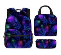 ewndhtse School Backpack Set with Lunch Bag Pencil Case, 3 Pcs School Bookbags Set Travel Rucksack Casual Daypack for Teens Girls Boys Primary Junior Middle - Glowing Neon Peacock Feathers