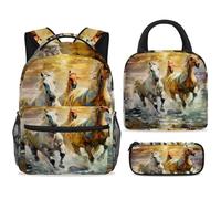 ewndhtse School Backpack Set with Lunch Bag Pencil Case, 3 Pcs School Bookbags Set Travel Rucksack Casual Daypack for Teens Girls Boys Primary Junior Middle - Horse Running in The Water