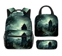 ewndhtse School Backpack Set with Lunch Bag Pencil Case, 3 Pcs School Bookbags Set Travel Rucksack Casual Daypack for Teens Girls Boys Primary Junior Middle - Creepy Graveyard