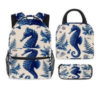 ewndhtse School Backpack Set with Lunch Bag Pencil Case, 3 Pcs School Bookbags Set Travel Rucksack Casual Daypack for Teens Girls Boys Primary Junior Middle - Seahorse Shells Leaves