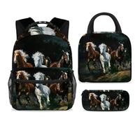 ewndhtse School Backpack Set with Lunch Bag Pencil Case, 3 Pcs School Bookbags Set Travel Rucksack Casual Daypack for Teens Girls Boys Primary Junior Middle - Horses Galloping in The Dark