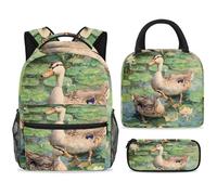 ewndhtse School Backpack Set with Lunch Bag Pencil Case, 3 Pcs School Bookbags Set Travel Rucksack Casual Daypack for Teens Girls Boys Primary Junior Middle - Ducks on Lotus Pond
