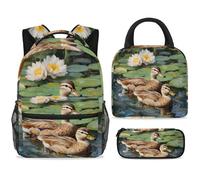 ewndhtse School Backpack Set with Lunch Bag Pencil Case, 3 Pcs School Bookbags Set Travel Rucksack Casual Daypack for Teens Girls Boys Primary Junior Middle - Ducks on Lotus Pond