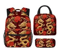 ewndhtse School Backpack Set with Lunch Bag Pencil Case, 3 Pcs School Bookbags Set Travel Rucksack Casual Daypack for Teens Girls Boys Primary Junior Middle - Gold Dragons Poppies Branch