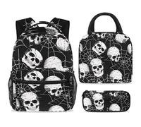 ewndhtse School Backpack Set with Lunch Bag Pencil Case, 3 Pcs School Bookbags Set Travel Rucksack Casual Daypack for Teens Girls Boys Primary Junior Middle - Dead Skull on Spiderweb