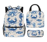 ewndhtse School Backpack Set with Lunch Bag Pencil Case, 3 Pcs School Bookbags Set Travel Rucksack Casual Daypack for Teens Girls Boys Primary Junior Middle - Marine Life Sea Animals