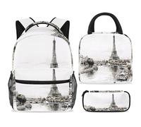 ewndhtse School Backpack Set with Lunch Bag Pencil Case, 3 Pcs School Bookbags Set Travel Rucksack Casual Daypack for Teens Girls Boys Primary Junior Middle - Eiffel Tower and The River Seine