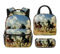 ewndhtse School Backpack Set with Lunch Bag Pencil Case, 3 Pcs School Bookbags Set Travel Rucksack Casual Daypack for Teens Girls Boys Primary Junior Middle - Horses Galloping in The Desert