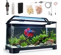 eWonLife 3.5 Gallon Self Cleaning Fish Tank, Aquarium Starter Kit for Betta, Small Fish & Shrimp with Heater, Thermometer, LED Light, Hidden Multi-Stage Filtration System and Water Changer Kit, Black