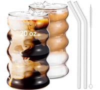 Ework4U 2 Pcs 20oz Drinking Glasses Set with Straws, Cute Iced Coffee Glass Cups, Iced Coffee Tumblers, Thick Drinking Jars for Smoothie, Boba Milk Tea, Ideal for Gift, with Straw Brush
