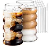Ework4U 4 Pcs 20oz Drinking Glasses Set with Straws, Cute Iced Coffee Glass Cups, Iced Coffee Tumblers, Thick Drinking Jars for Smoothie, Boba Milk Tea, Ideal for Gift, with Straw Brush