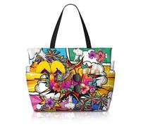 Ewozet Beach Canvas Tote Bag, Water Resistant, Lightweight, Zippered, Double Shoulder Straps, for Beach, Pool, Vacation, Hip Hop Splattered Turtle, One Size