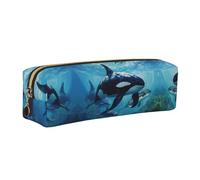 EWQrtyy Killer Whales Swim Along 1 Printing School Leather Pen Pencil Case,Zip Pouch,Accessories Holder, Stationery Bag,Back to School Gift