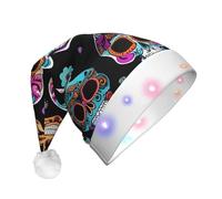EWQrtyy Sugar Skull Adult Light-Up Christmas Santa Hat With Pom Poms, Soft Plush Xmas Hat With Colorful Lights