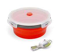 Ewrap 1200ML Round Collapsible Camping Bowl, Portable Silicone Food Storage Containers, Silicone Bowl with Lid and Foldable 2 in 1 Fork Spoon, for Camping and Kitchen, Freezer and Microwave Safe, Red
