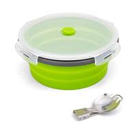 Ewrap 1200ML Round Collapsible Camping Bowl, Portable Silicone Food Storage Containers, Silicone Bowl with Lid and Foldable 2 in 1 Fork Spoon, for Camping, Freezer and Microwave Safe, Green
