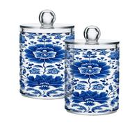 Ewusp Blue White Pattern Qtip Holder 2 PCS Clear Plastic Apothecary Jars with Lid Cotton Pad Holder Dispenser Cotton Bud Holder Bathroom Storage Container Makeup Organiser