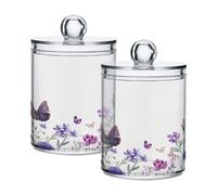 Ewusp Butterfly Flowers Qtip Holder 2 PCS Clear Plastic Apothecary Jars with Lid Cotton Pad Holder Dispenser Cotton Bud Holder Bathroom Storage Container Makeup Organiser