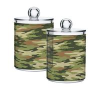 Ewusp Camouflage Camo Qtip Holder 2 PCS Clear Plastic Apothecary Jars with Lid Cotton Pad Holder Dispenser Cotton Bud Holder Bathroom Storage Container Makeup Organiser