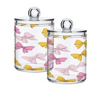 Ewusp Colorful Bows Qtip Holder 2 PCS Clear Plastic Apothecary Jars with Lid Cotton Pad Holder Dispenser Cotton Bud Holder Bathroom Storage Container Makeup Organiser