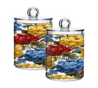 Ewusp Colorful Flowers Qtip Holder 2 PCS Clear Plastic Apothecary Jars with Lid Cotton Pad Holder Dispenser Cotton Bud Holder Bathroom Storage Container Makeup Organiser