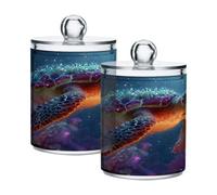 Ewusp Colorful Sea Turtle Qtip Holder 2 PCS Clear Plastic Apothecary Jars with Lid Cotton Pad Holder Dispenser Cotton Bud Holder Bathroom Storage Container Makeup Organiser