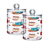 Ewusp Cups Candy Qtip Holder 2 PCS Clear Plastic Apothecary Jars with Lid Cotton Pad Holder Dispenser Cotton Bud Holder Bathroom Storage Container Makeup Organiser