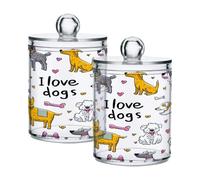 Ewusp Cute Dogs Qtip Holder 2 PCS Clear Plastic Apothecary Jars with Lid Cotton Pad Holder Dispenser Cotton Bud Holder Bathroom Storage Container Makeup Organiser