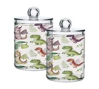Ewusp Cute Dragon Qtip Holder 2 PCS Clear Plastic Apothecary Jars with Lid Cotton Pad Holder Dispenser Cotton Bud Holder Bathroom Storage Container Makeup Organiser