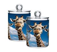 Ewusp Cute Giraffe Qtip Holder 2 PCS Clear Plastic Apothecary Jars with Lid Cotton Pad Holder Dispenser Cotton Bud Holder Bathroom Storage Container Makeup Organiser