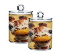 Ewusp Cute Giraffe Qtip Holder 2 PCS Clear Plastic Apothecary Jars with Lid Cotton Pad Holder Dispenser Cotton Bud Holder Bathroom Storage Container Makeup Organiser