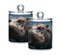 Ewusp Cute Hippo Qtip Holder 2 PCS Clear Plastic Apothecary Jars with Lid Cotton Pad Holder Dispenser Cotton Bud Holder Bathroom Storage Container Makeup Organiser