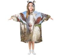 Ewusp Cute White Goat Wearable Blanket Hoodie for Kids Oversized Hooded Sweatshirt Flannel Blanket with Pocket
