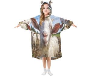 Ewusp Cute White Goat Wearable Blanket Hoodie for Kids Oversized Hooded Sweatshirt Flannel Blanket with Pocket