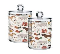 Ewusp Farm Animals Qtip Holder 2 PCS Clear Plastic Apothecary Jars with Lid Cotton Pad Holder Dispenser Cotton Bud Holder Bathroom Storage Container Makeup Organiser