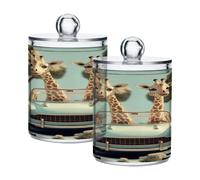 Ewusp Giraffe Couple Qtip Holder 2 PCS Clear Plastic Apothecary Jars with Lid Cotton Pad Holder Dispenser Cotton Bud Holder Bathroom Storage Container Makeup Organiser