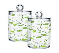 Ewusp Green Leaves Qtip Holder 2 PCS Clear Plastic Apothecary Jars with Lid Cotton Pad Holder Dispenser Cotton Bud Holder Bathroom Storage Container Makeup Organizer