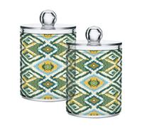 Ewusp Green Yellow Ikat Qtip Holder 2 PCS Clear Plastic Apothecary Jars with Lid Cotton Pad Holder Dispenser Cotton Bud Holder Bathroom Storage Container Makeup Organiser