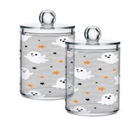 Ewusp Halloween Boo Qtip Holder 2 PCS Clear Plastic Apothecary Jars with Lid Cotton Pad Holder Dispenser Cotton Bud Holder Bathroom Storage Container Makeup Organiser