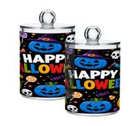 Ewusp Happy Halloween Qtip Holder 2 PCS Clear Plastic Apothecary Jars with Lid Cotton Pad Holder Dispenser Cotton Bud Holder Bathroom Storage Container Makeup Organiser