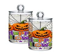 Ewusp Happy Halloween Qtip Holder 2 PCS Clear Plastic Apothecary Jars with Lid Cotton Pad Holder Dispenser Cotton Bud Holder Bathroom Storage Container Makeup Organiser