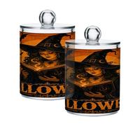 Ewusp Happy Halloween Qtip Holder 2 PCS Clear Plastic Apothecary Jars with Lid Cotton Pad Holder Dispenser Cotton Bud Holder Bathroom Storage Container Makeup Organiser