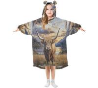 Ewusp Highland Cow Wearable Blanket Hoodie for Kids Oversized Hooded Sweatshirt Flannel Blanket with Pocket