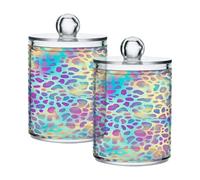 Ewusp Leopard Print Qtip Holder 2 PCS Clear Plastic Apothecary Jars with Lid Cotton Pad Holder Dispenser Cotton Bud Holder Bathroom Storage Container Makeup Organiser