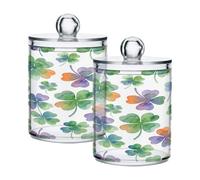 Ewusp Lucky Clovers Qtip Holder 2 PCS Clear Plastic Apothecary Jars with Lid Cotton Pad Holder Dispenser Cotton Bud Holder Bathroom Storage Container Makeup Organiser