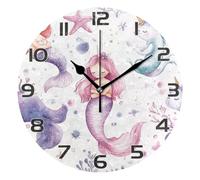 Ewusp Mermaid Princess Wall Clock Battery Operated Silent Non-Ticking Clock Round Quartz Decorative Clock for Kitchen Living Room Bedroom Office School Nursery, 25x25 cm