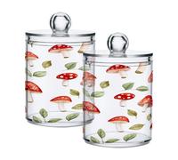 Ewusp Mushroom Qtip Holder 2 PCS Clear Plastic Apothecary Jars with Lid Cotton Pad Holder Dispenser Cotton Bud Holder Bathroom Storage Container Makeup Organiser