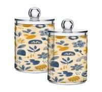 Ewusp Mustard & Navy Boho Qtip Holder 2 PCS Clear Plastic Apothecary Jars with Lid Cotton Pad Holder Dispenser Cotton Bud Holder Bathroom Storage Container Makeup Organiser
