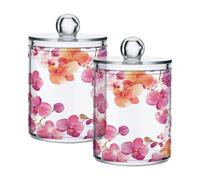 Ewusp Pink Flowers Qtip Holder 2 PCS Clear Plastic Apothecary Jars with Lid Cotton Pad Holder Dispenser Cotton Bud Holder Bathroom Storage Container Makeup Organiser
