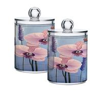 Ewusp Pink Orchid and Blue Lavender Qtip Holder 2 PCS Clear Plastic Apothecary Jars with Lid Cotton Pad Holder Dispenser Cotton Bud Holder Bathroom Storage Container Makeup Organiser